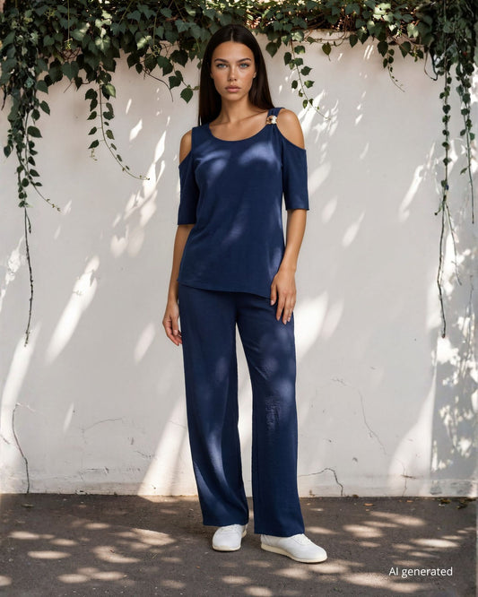 Pantalone palazzo in viscosa bollito con elastico in vita blu