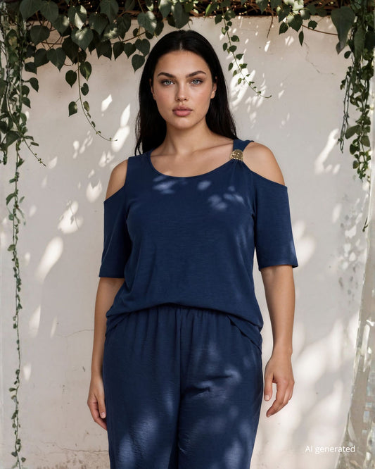 Pantalone palazzo in viscosa bollito con elastico in vita blu curvy