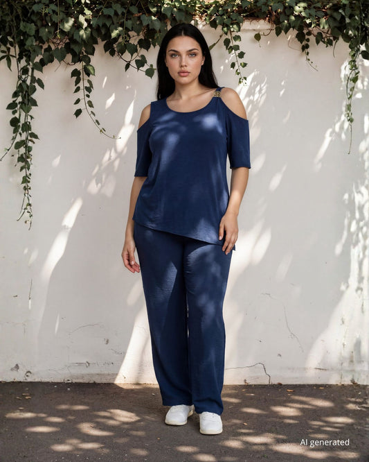 Pantalone palazzo in viscosa bollito con elastico in vita blu curvy