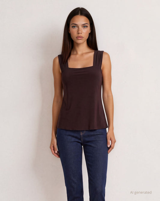 Top in cady fluido color caffè con scollo quadrato sbieco