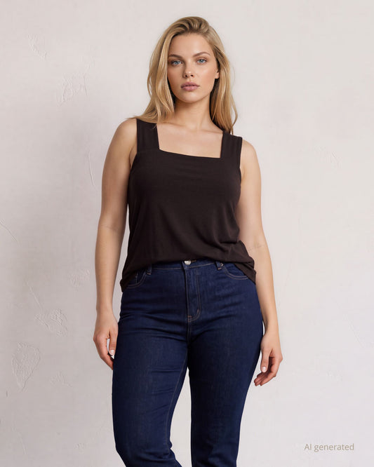 Top in cady fluido caffè con scollo quadrato sbieco curvy