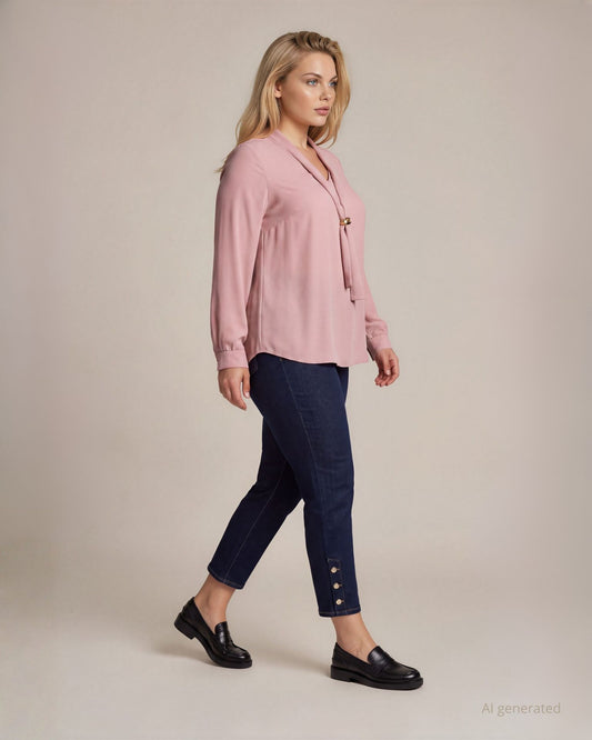 Casacca in georgette con dettaglio dorato sulla sciarpina e maniche con polsino curvy