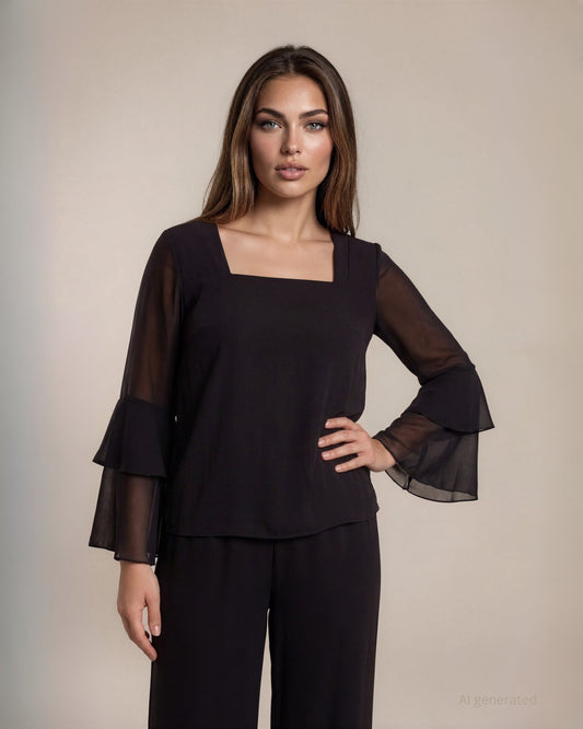 Casacca in jersey con scollo quadrato e maniche in georgette a doppio volant
