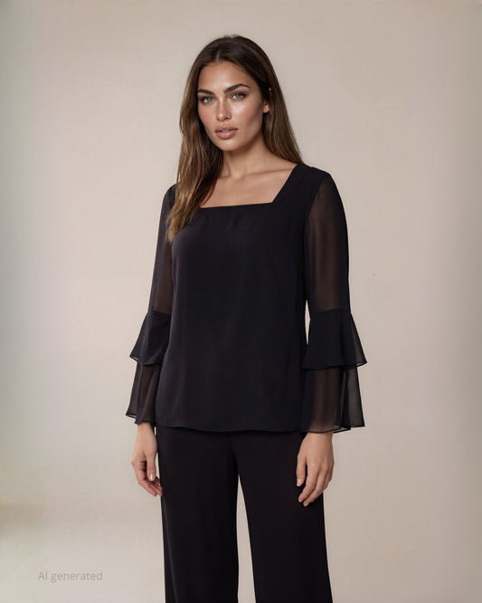 Casacca in jersey con scollo quadrato e maniche in georgette a doppio volant