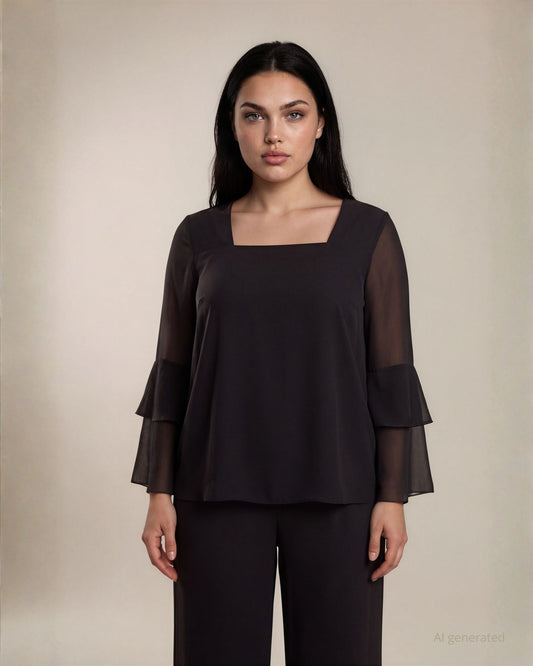 Casacca in jersey con scollo quadrato e maniche in georgette a doppio volant curvy