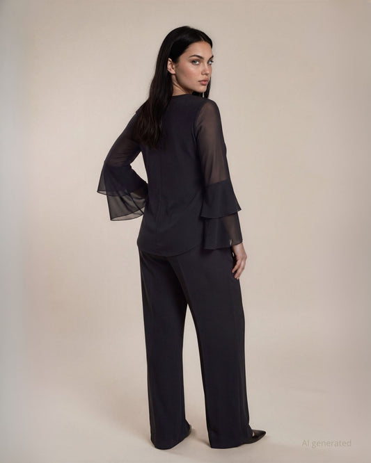 Casacca in jersey con scollo quadrato e maniche in georgette a doppio volant curvy