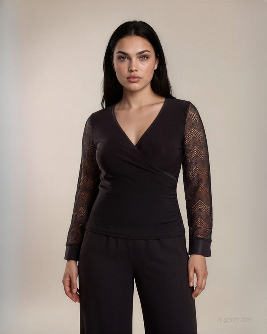 Casacca incrociata in jersey con maniche in rete e paillettes e polsini in ecopelle curvy