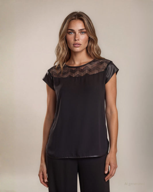Casacca in jersey con inserto in rete e paillettes sullo scollo e inserti in ecopelle