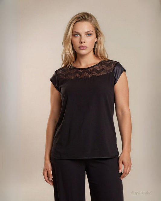 Casacca in jersey con inserto in rete e paillettes sullo scollo e inserti in ecopelle curvy