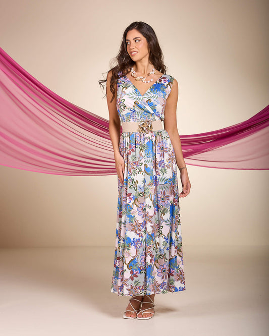 Vestito lungo in jersey con corpino e anelli sulle spalline