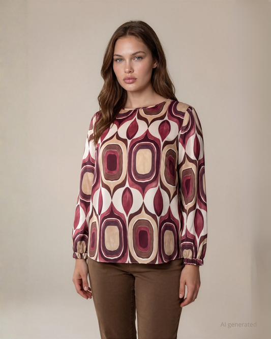 Casacca a maniche lunghe in tessuto setificato fantasia curvy