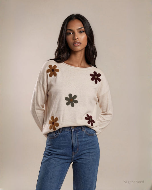 Maglia spalla scesa con intarsi di fiori sul fronte