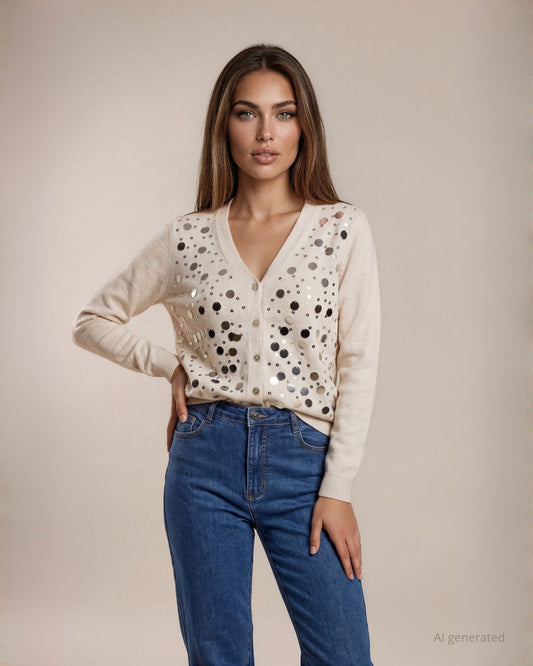 Cardigan in maglia con ricami di paillettes e bordi a coste