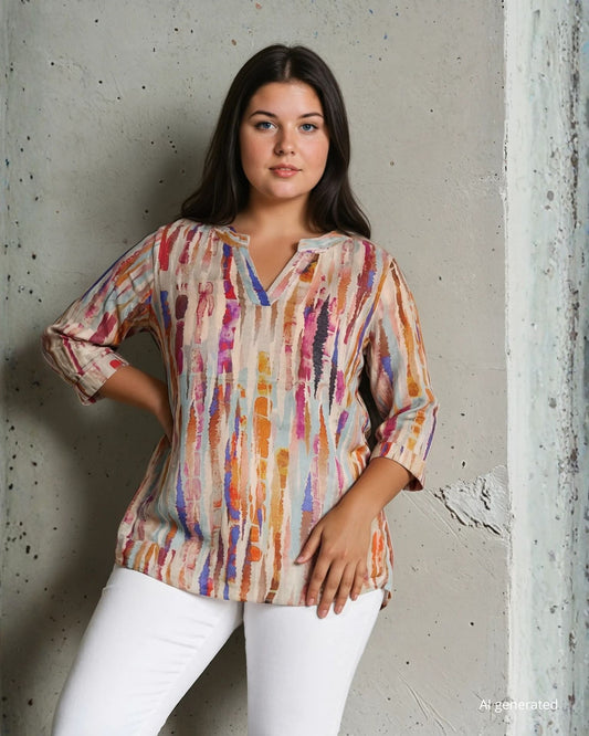 Camicia in viscosa quarzo con maniche a tre quarti e spacco a V sullo scollo