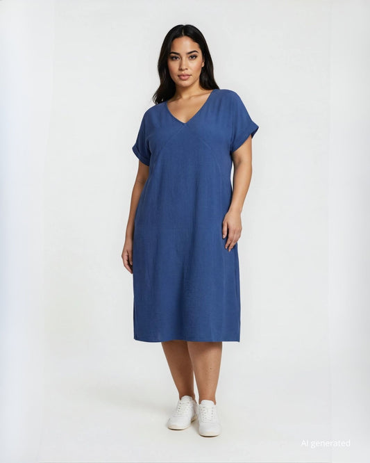 Vestito corto svasato in misto viscosa con risvolti e tasche denim