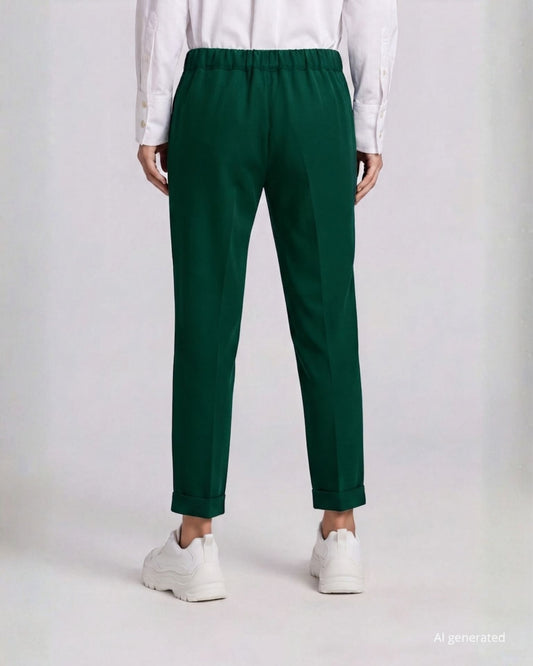 Pantalone in cady fluido foresta con zip e risvoltino sul fondo