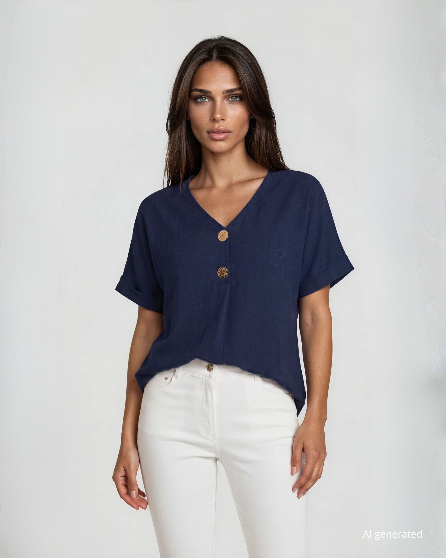 Camicia in cotone con bottoni sullo scollo e risvolto sulle maniche blu