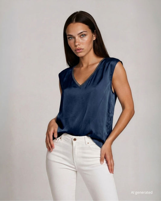 Casacca in raso con dettaglio di bordi in maglia lurex sullo scollo blu