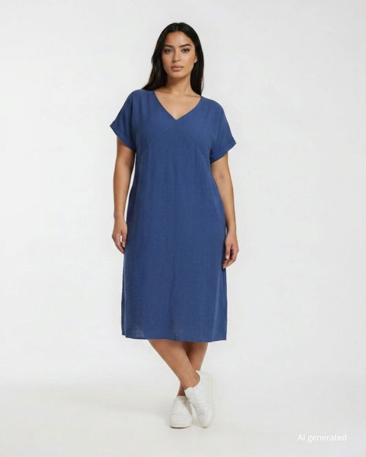 Vestito corto svasato in misto viscosa con risvolti e tasche denim