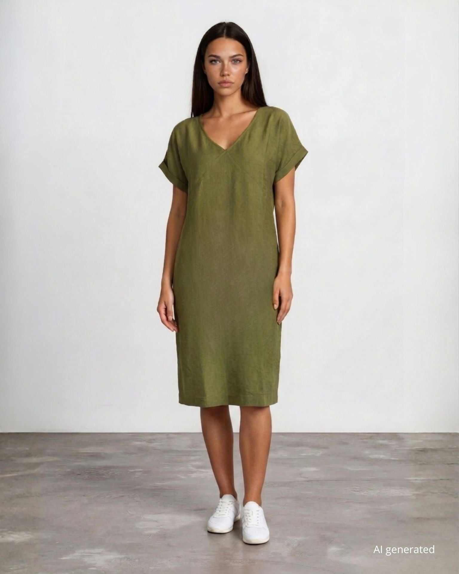 Vestito corto svasato in misto viscosa con risvolti e tasche militare
