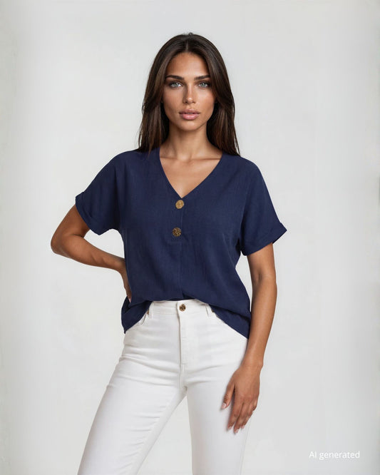 Camicia in cotone con bottoni sullo scollo e risvolto sulle maniche blu