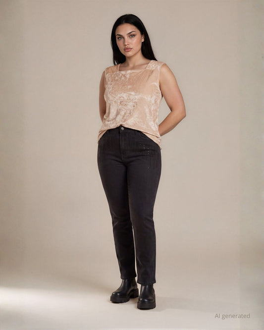 Jeans cinque tasche nero con righe di strass frontali curvy