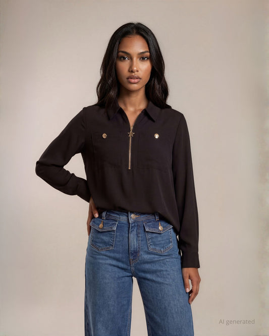 Camicia in crepe maniche tre quarti con colletto e tasconi