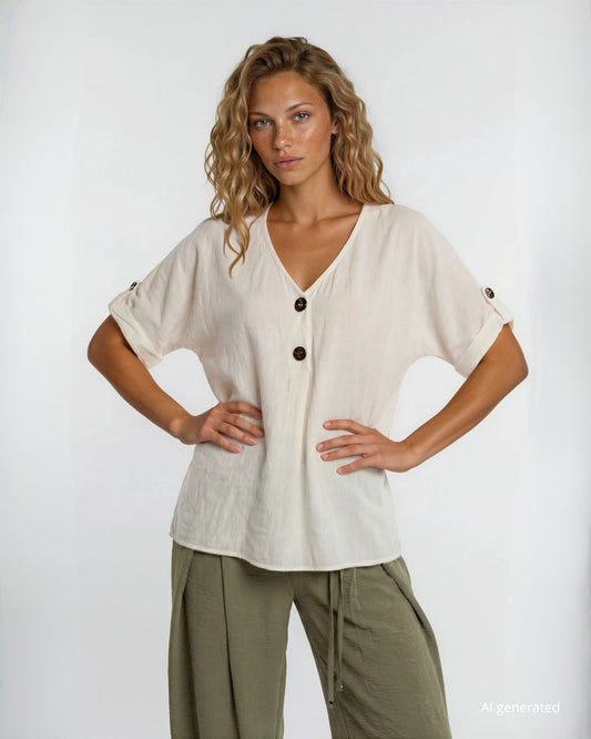 Camicia in cotone con bottoni sullo scollo e risvolto sulle maniche bianco