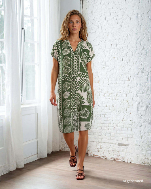 Vestito corto in viscosa fantasia foglie verde con maniche a kimono con risvolto