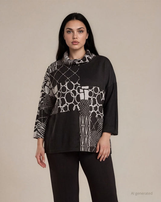 Ponchetta in maglia patchwork bianco e nero curvy