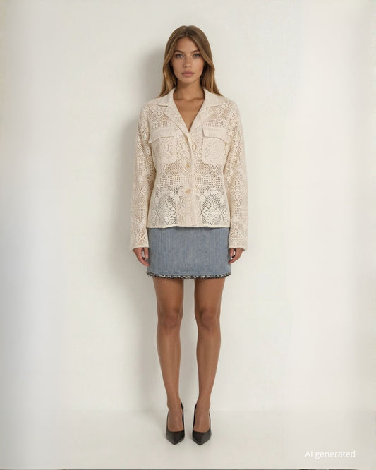 Giacca in pizzo revers con tasche e bottoni sul fronte panna