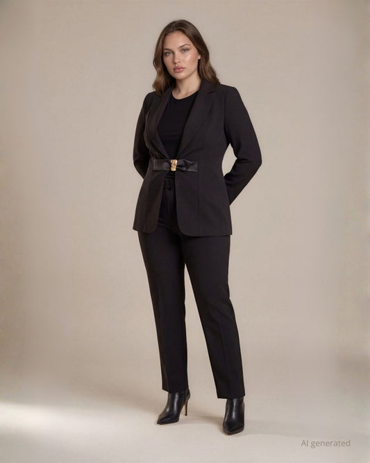 Giacca in bistretch collo revers con fibbia in ecopelle e accessorio in vita curvy