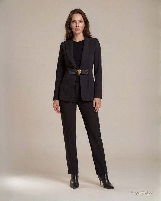 Giacca in bistretch collo revers con fibbia in ecopelle e accessorio in vita