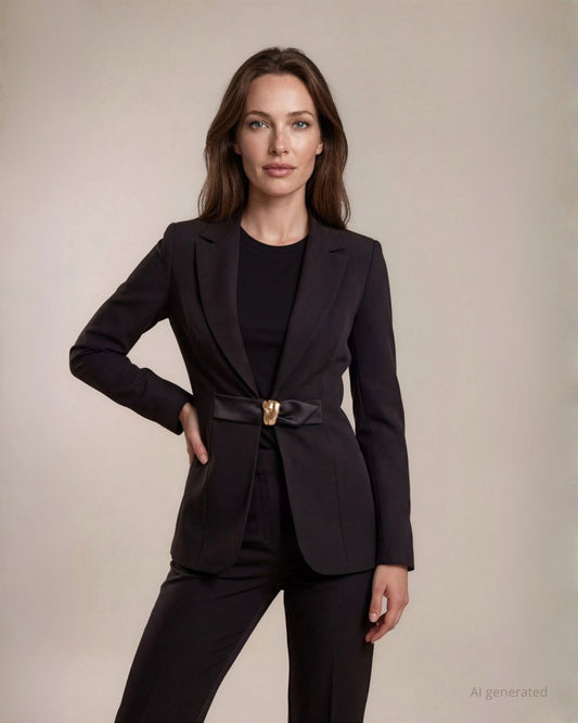 Giacca in bistretch collo revers con fibbia in ecopelle e accessorio in vita