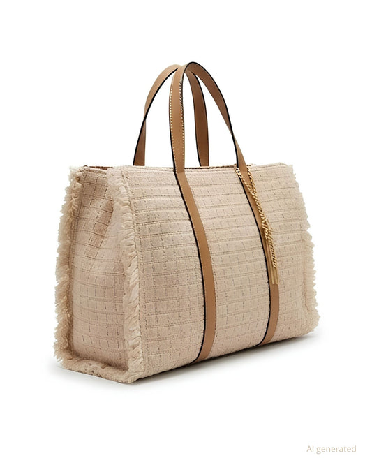 Borsa grande lavorazione a quadretti effetto crochet con frange laterali beige (più tracolla)