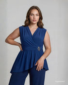 Casacca lunga in jersey maniche kimono con accessorio e drappeggio blu curvy