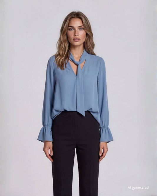 Camicia in georgette con sciarpa sullo scollo e volant ai polsi