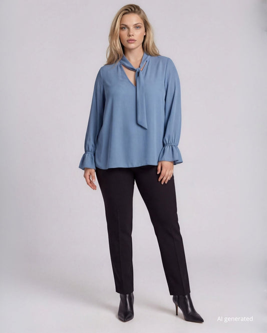 Camicia in georgette con sciarpa sullo scollo e volant ai polsi curvy