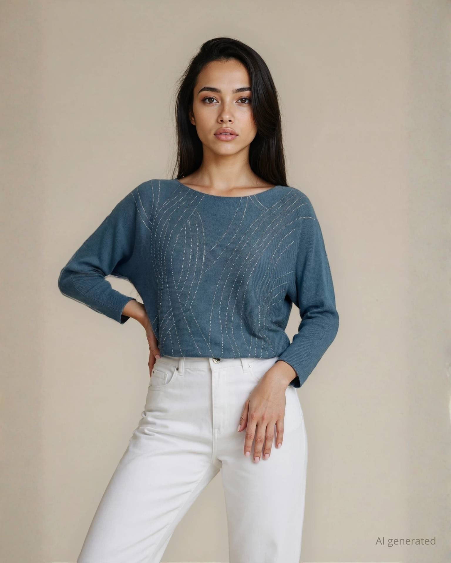 Maglia con strass e fondo stondato denim