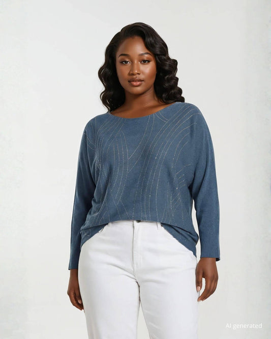 Maglia con strass e fondo stondato denim curvy