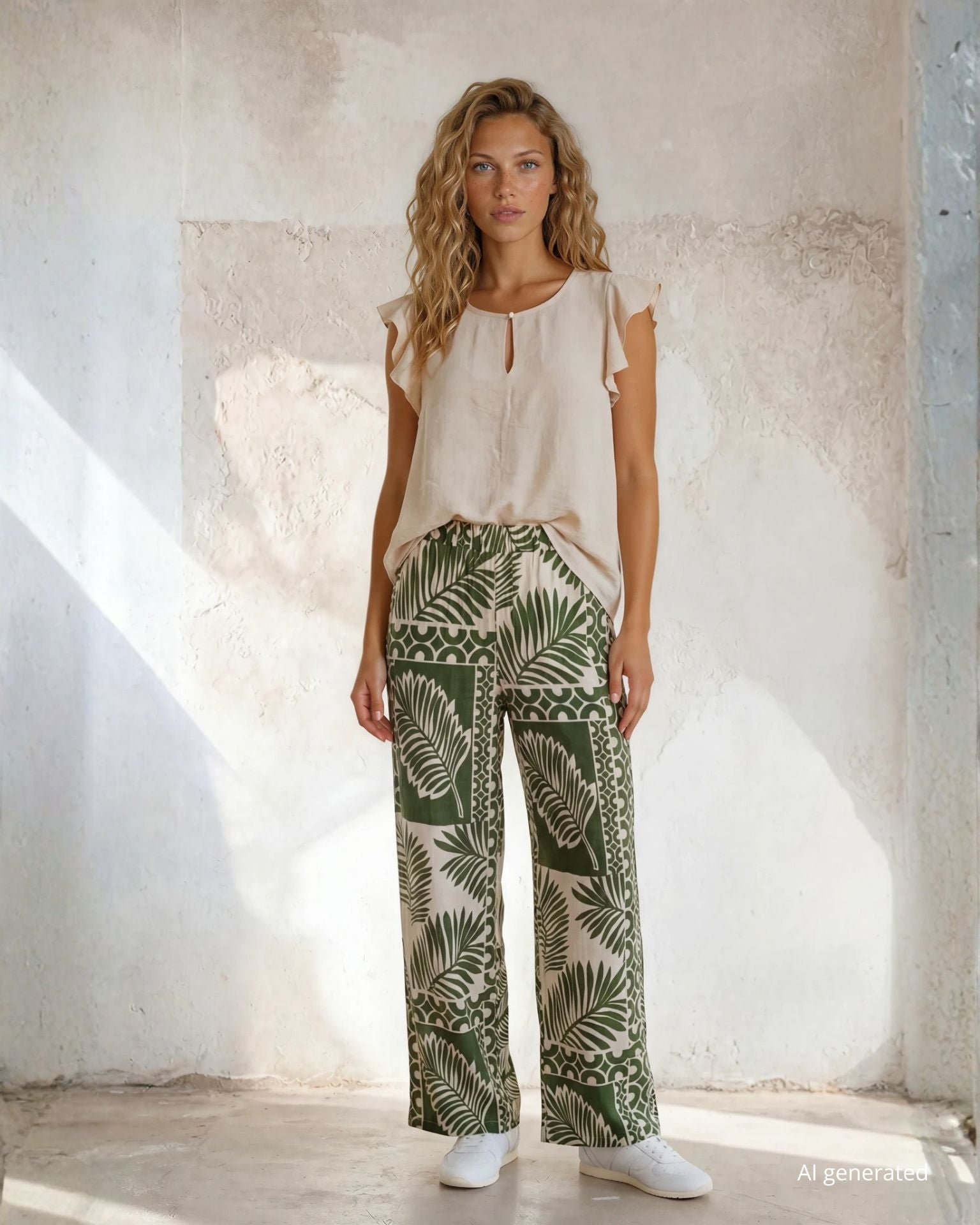 Pantalone dritto in viscosa fantasia foglie verde con elastico in vita