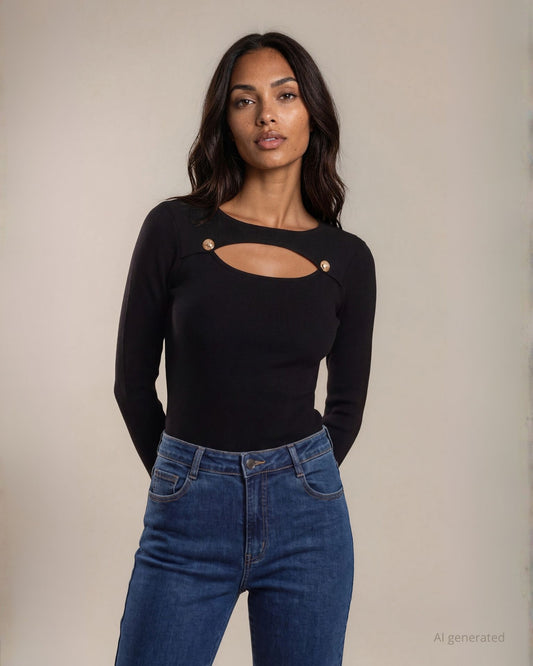 Maglia a coste con oblò con bottoni sullo scollo nero