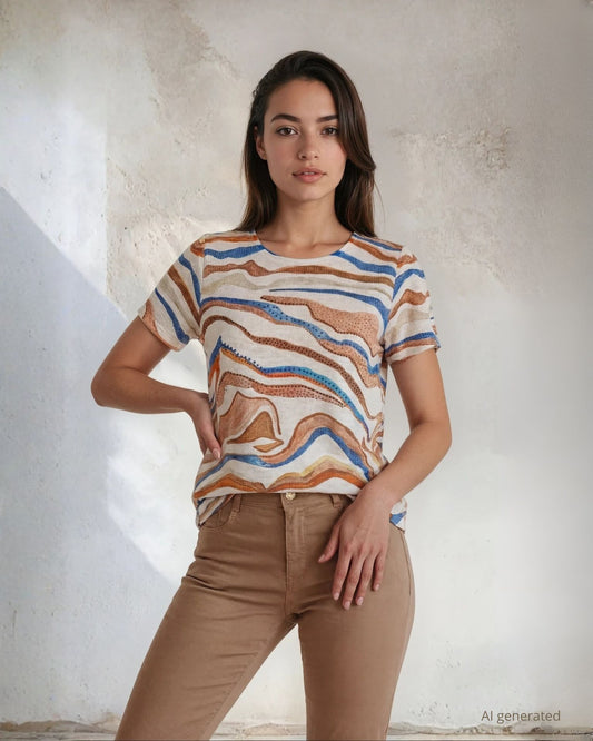 T-shirt stampata fantasia onde con strass sul fronte