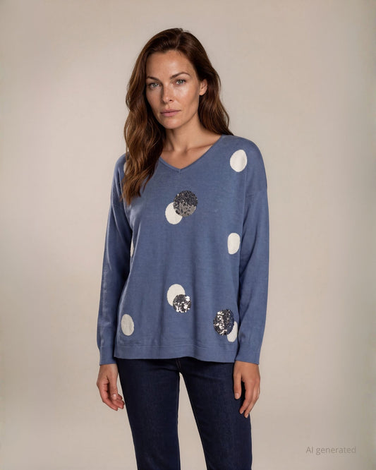 Maglia spalla scesa con scollo a V e pois con paillettes sul fronte