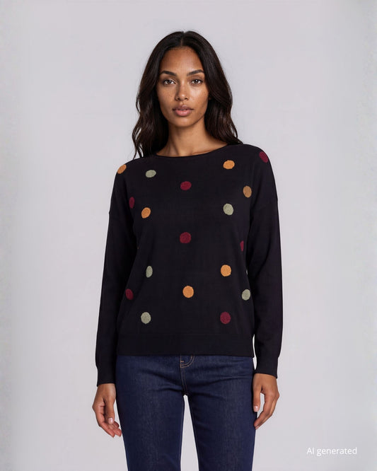 Maglia spalla scesa con intarsi di pois sul fronte