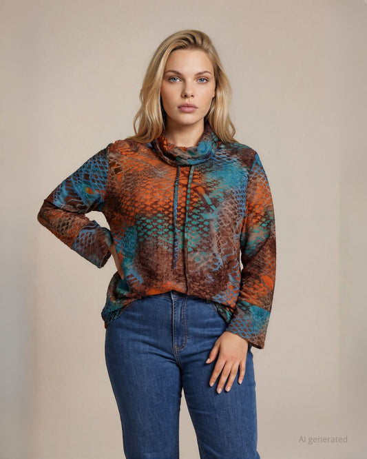 Maglia a scatola in jersey devorato con collo alto curvy