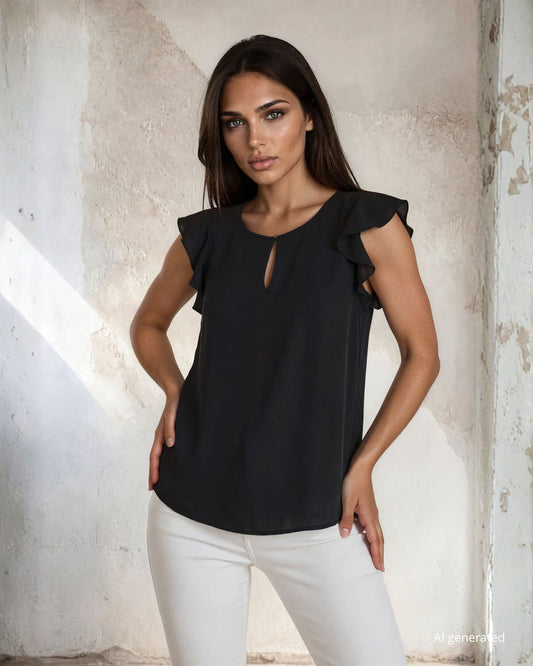 Top in viscosa con alette sulle maniche e goccia con bottone sullo scollo nero