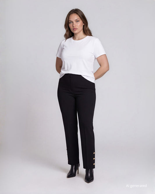 Pantalone largo gamba dritta in scubacrepe con spacco sul fondo e bottoni curvy