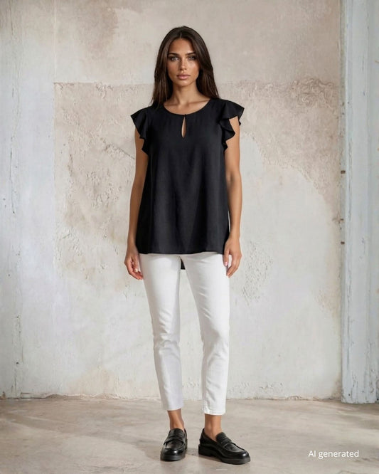 Top in viscosa con alette sulle maniche e goccia con bottone sullo scollo nero