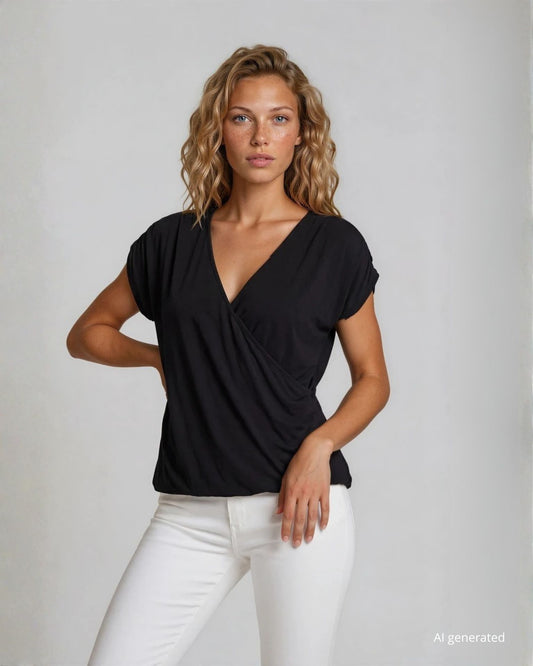 T-shirt in viscosa incrociata sullo scollo e con coulisse sulle spalle nero